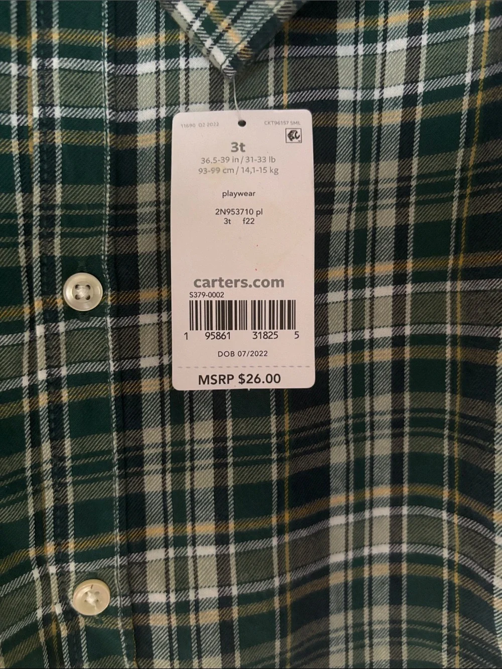 Carter's Green and White Plaid Button-Down Shirt